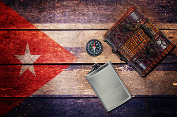 Fototapeta na wymiar Vintage objects, flask,chest box,compass and flag