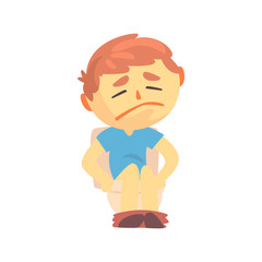 Unhappy boy character sitting on toilet suffering from diarrhea and abdominal pain cartoon vector illustration