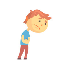 Unhappy boy character suffering from abdominal pain, kid pressing hands to his abdomen cartoon vector illustration