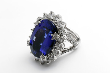 ring, necklace and earrings with sapphires, tanzanite, gems and diamonds