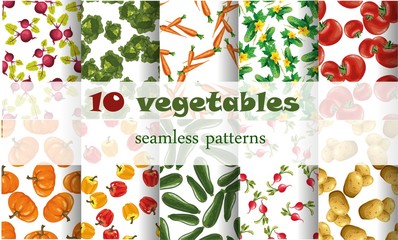 10 mixed vegetables seamless patterns set tomato, carrot, potato, pumkin, cucmber, pepper, cabbiage