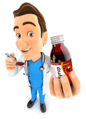 3d doctor holding syrup bottle and spoon