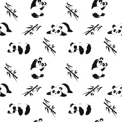 Seamless pattern with playing pandas and bamboo. Hand draw vector illustration