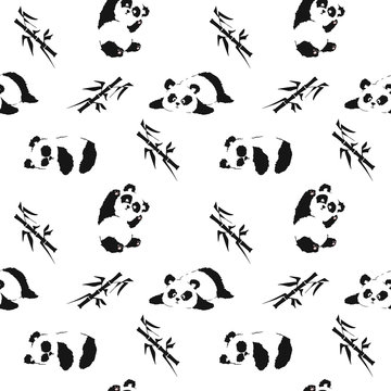 Seamless pattern with playing pandas and bamboo. Hand draw vector illustration