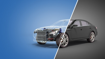 car diagnostic concept black car studio view 3d render image - obrazy, fototapety, plakaty