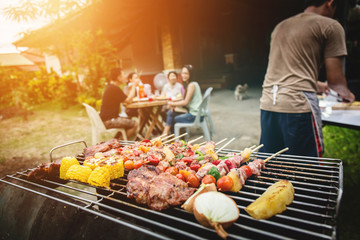 BBQ food party summer grilling meat. - obrazy, fototapety, plakaty
