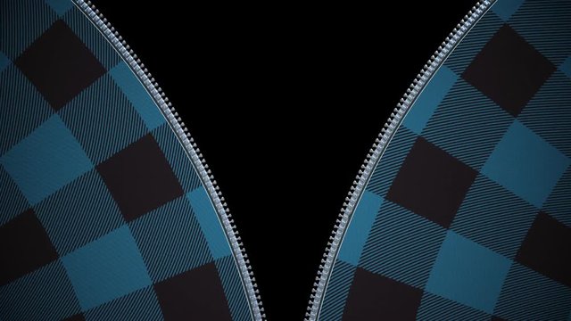 Opening zipper on blue and lack checkered flannel shirt.