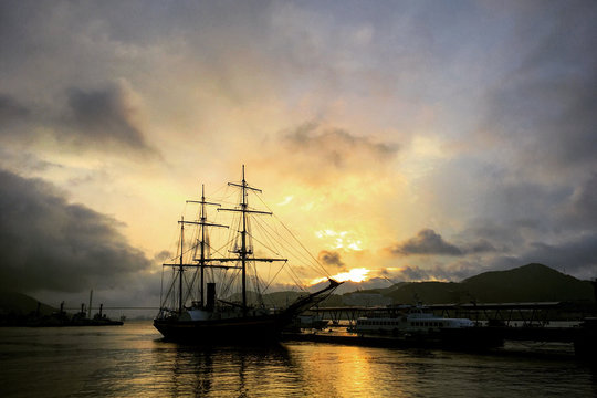 NAGASAKI, JAPAN - DECEMBER 2016 - View of a ship, in the afeternoon, on the nagasaki port after a rany day