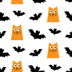 Halloween seamless pattern with cats and bats