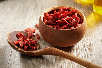 Small rustic wooden bowl filled with goji berries