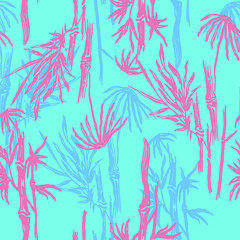 Bamboo seamless tropical leaves pattern on exotic trendy background. Tropical asian plant wallpaper, chinese or japanese nature textile print.
