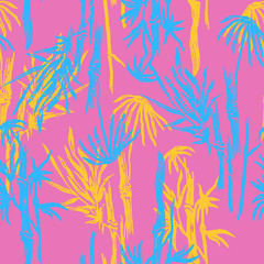 Fototapeta na wymiar Bamboo seamless tropical leaves pattern on exotic trendy background. Tropical asian plant wallpaper, chinese or japanese nature textile print.