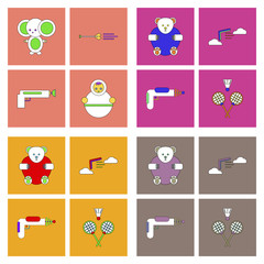 Set of kids toys in flet icons on color backgrounds © gorovits