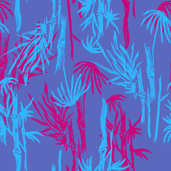 Bamboo seamless tropical leaves pattern on exotic trendy background. Tropical asian plant wallpaper, chinese or japanese nature textile print.