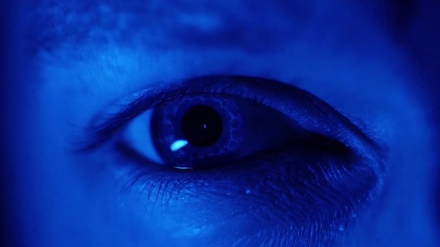 Pupil Dilating, Eye Blue Neon Glow, Close Up 