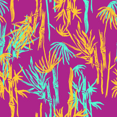 Fototapeta na wymiar Bamboo seamless tropical leaves pattern on exotic trendy background. Tropical asian plant wallpaper, chinese or japanese nature textile print.
