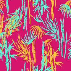 Bamboo seamless tropical leaves pattern on exotic trendy background. Tropical asian plant wallpaper, chinese or japanese nature textile print.
