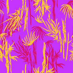 Bamboo seamless tropical leaves pattern on exotic trendy background. Tropical asian plant wallpaper, chinese or japanese nature textile print.