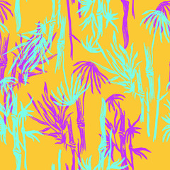 Bamboo seamless tropical leaves pattern on exotic trendy background. Tropical asian plant wallpaper, chinese or japanese nature textile print.
