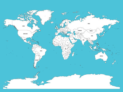 Political map of world. White lands and blue water. Vector illustration.