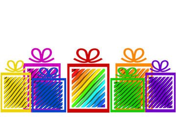 Holiday celebration greeting card design with colorful gift boxes; stock vector illustration