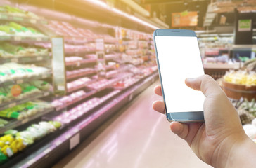 Layout with smart-phone holding in your hand, Screen blank for application, supermarket shoping	