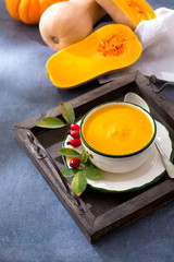 Homemade cream soup made from fresh ripe bottle gourd pumpkin