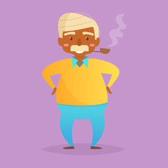 Elderly man smokes a pipe.