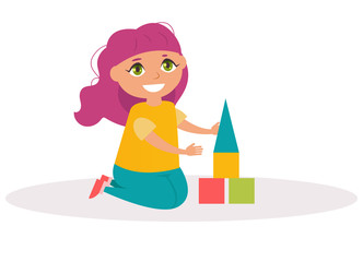 Girl playing with cubes. Vector. Cartoon