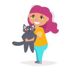 Girl with cat in her arms. Vector