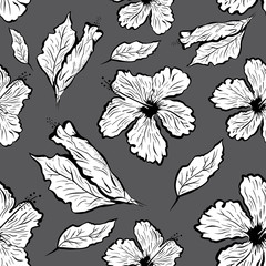 Seamless pattern of Hibiscus flower in tattoo style. Black and white, graphic tropical flower