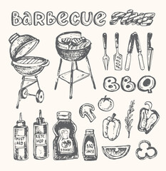 Big Hand drawn doodle barbecue set. BBQ food - obrazy, fototapety, plakaty