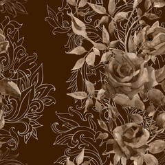 Roses on baroque ornament. Seamless pattern