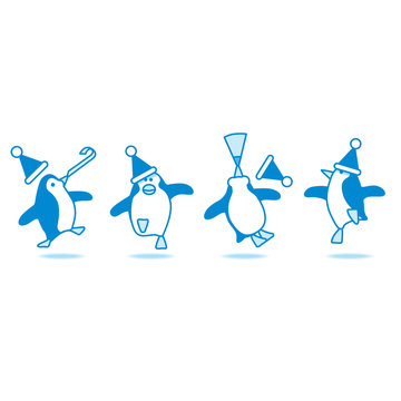 Dancing Santa Penguins Partying in Blue