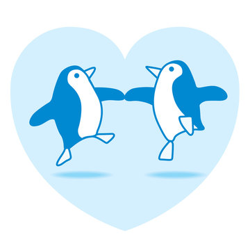 Two Dancing Blue Penguins in Love Heart