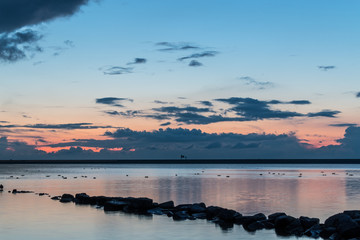 Fototapeta premium Beautiful sunset with rock in the foreground and birds in the background, Ijselmeer Holland