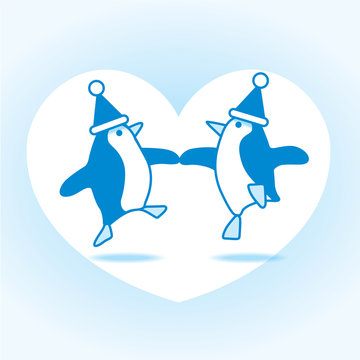 Two Dancing Santa Penguins Partying on White Heart