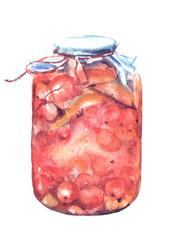 Watercolor drawing. Bank with jam, compote. Berry jam, cherry, sea-buckthorn, pieces of pear, apple. Drawing on white isolated background.