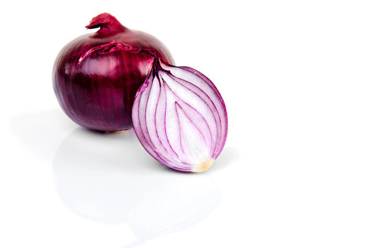 Red onion and half slice on white background with reflect.