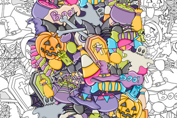 Halloween background. Holiday design elements. Template for flyer brochure banner advertisement. Outline coloring page. Vector illustration. 