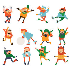 Various kids playing and laughing isolated on white. Lovely cartoon characters with snow, snowballs, in warm hats and clothes. Running, jumping and skating.