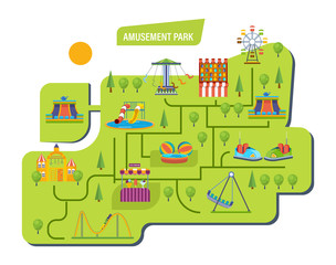 Naklejka premium Amusement park for children with carousels, roller coaster, attractions.