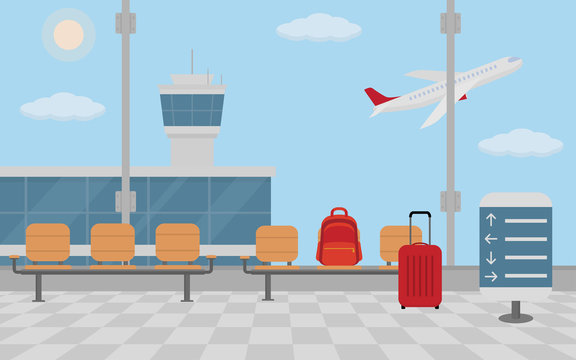 Background of hall at airport. Flat style, vector illustration.
