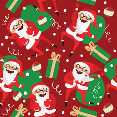 Set with lovely dancing Santa Claus, hand drawn in different dance steps. Vector seamless pattern with lovely character with closed eyes and holiday accessories on red background.