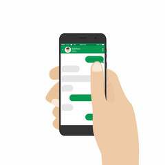 Messenger and social network concept. Hand holding smartphone with blank template messeges