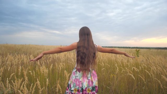 Girl spread her arms like wings and walks field against blue sky. Slow motion.