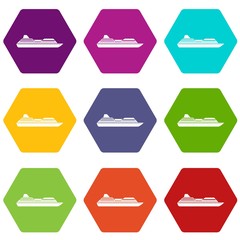 Cruise liner icon set color hexahedron