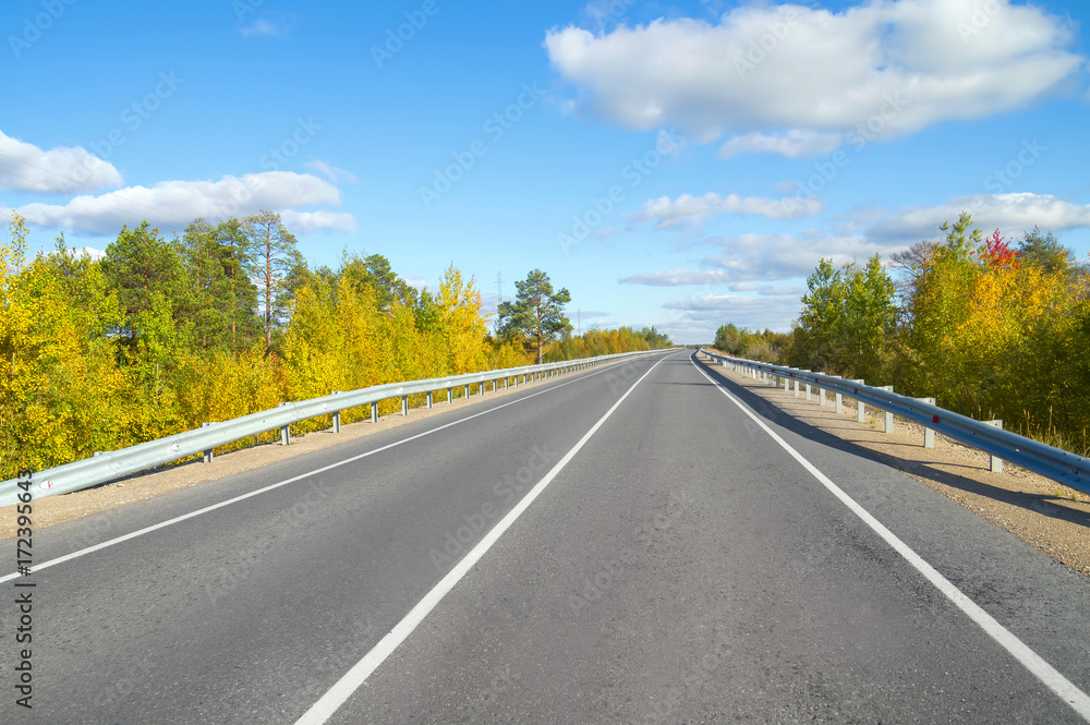 Wall mural Autumn bright landscape. Road through forest with blue sky and clouds