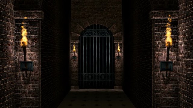 Torches and iron castle gate loop video