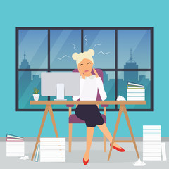 Business woman working at his office desk. Stress at work. Flat design modern vector business concept.